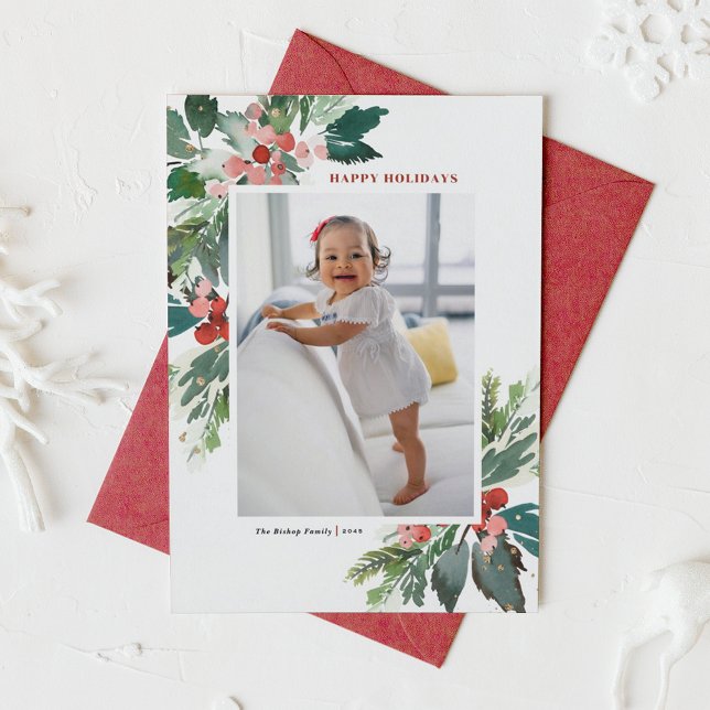 Watercolor Hollies Faux Dourado Feliz Férias Foto (Watercolor Holly and Winter Greenery Photo Happy Holidays Card)