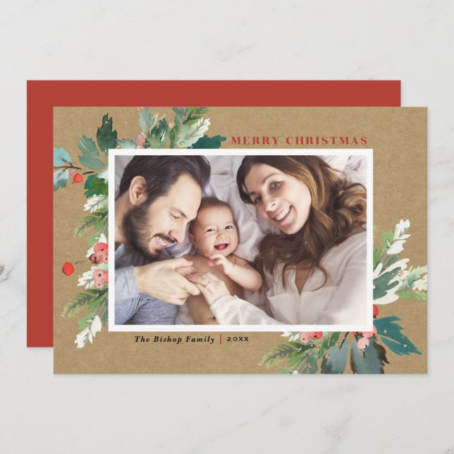 Watercolor Hollies Kraft Paper Foto de Natal (Frente/Verso)