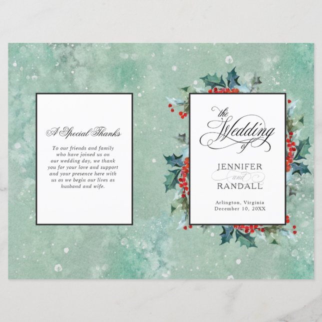 Watercolor Holly e Berrie Folded Wedding Program (Frente)