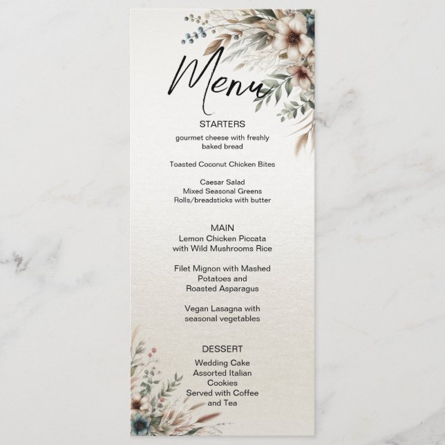 Watercolor Ivory Blue Flowers Menu de Casamento (Frente)