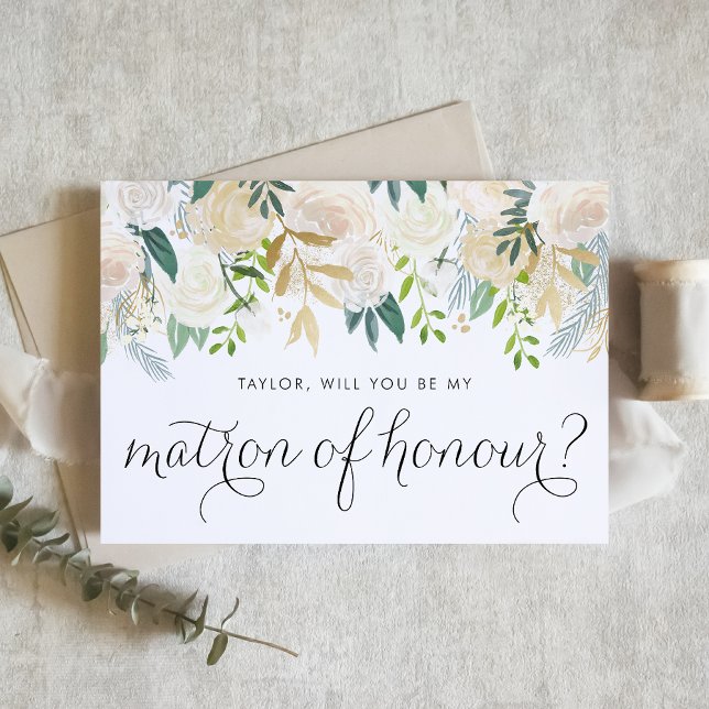 Watercolor Ivory Floral Garland Matron de Honra (Floral matron of honour proposal card with ivory flowers, greenery, and faux gold foil accent.)