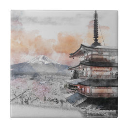 Watercolor Japanese Pagoda & Fuji