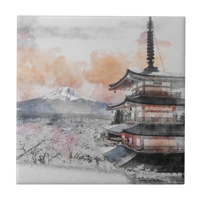 Watercolor Japanese Pagoda & Fuji  (Frente)