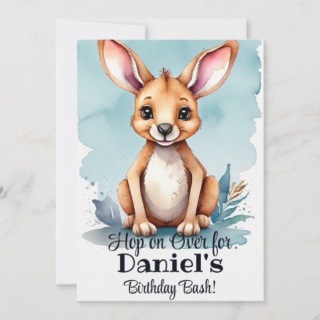 Watercolor Kangaroo Birthday Bash Convite (Frente)