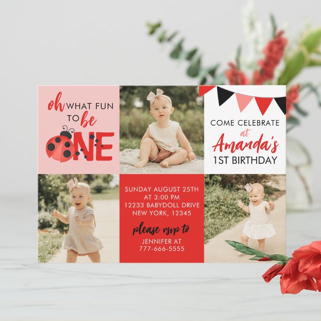 Watercolor Ladybug 3 Foto Convite de Aniversário (Light Pink Salmon Oh What Fun to Be One Watercolor Ladybug 3 Photo Birthday Invitations)