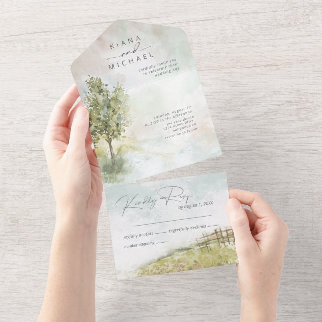 Watercolor Landscape Wedding Sage Green ID786 (Aba destacável)
