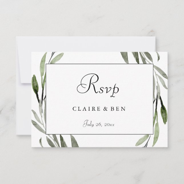 Watercolor Leaf Wreath Border Weding RSVP (Frente)