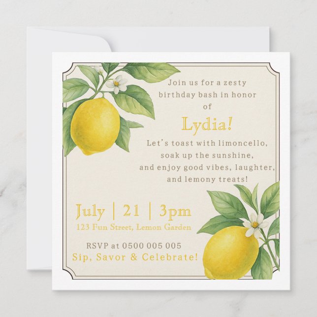 Watercolor Lemon Birthday Convite (Frente)