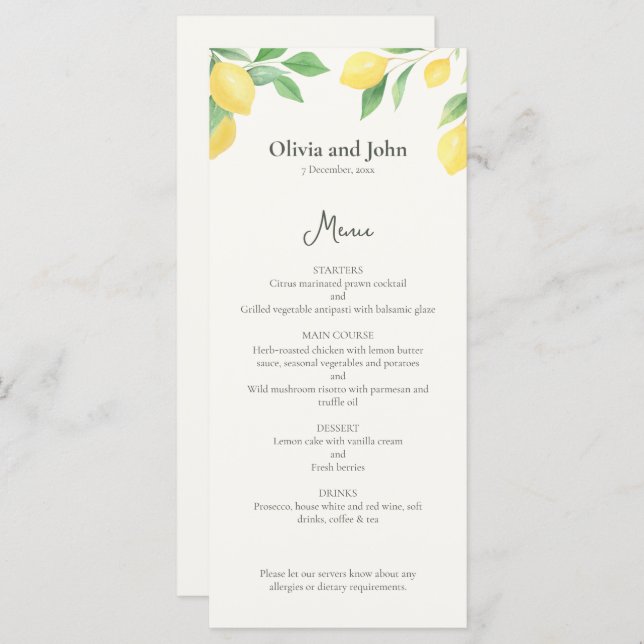 Watercolor Lemon Foliage Elegant Wedding Menu (Frente/Verso)