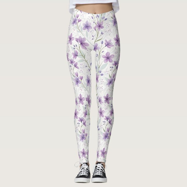 Watercolor Lilac Wildflower Pattern Leggings (Frente)