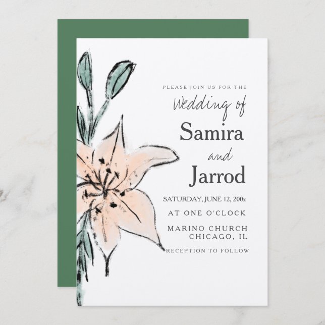 Watercolor Lily Floral Line Art Ink Wedding Kraft (Frente/Verso)