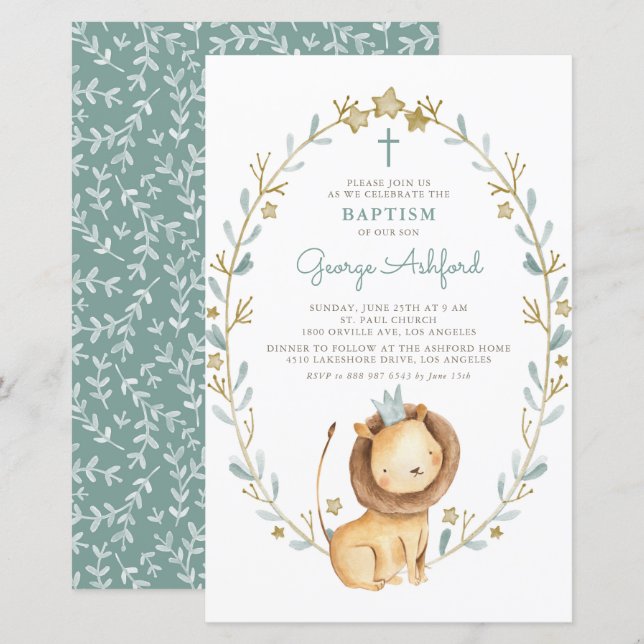 Watercolor Lion Prince Boy Baptism Convite (Frente/Verso)