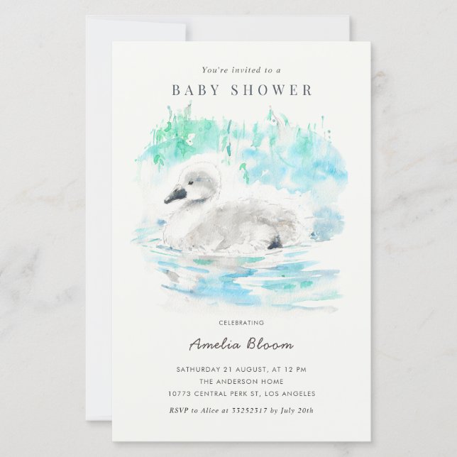 Watercolor Little Swan Baby Shower Invitation (Frente)