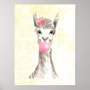 Watercolor Llama soprando bolha texturizada Poster