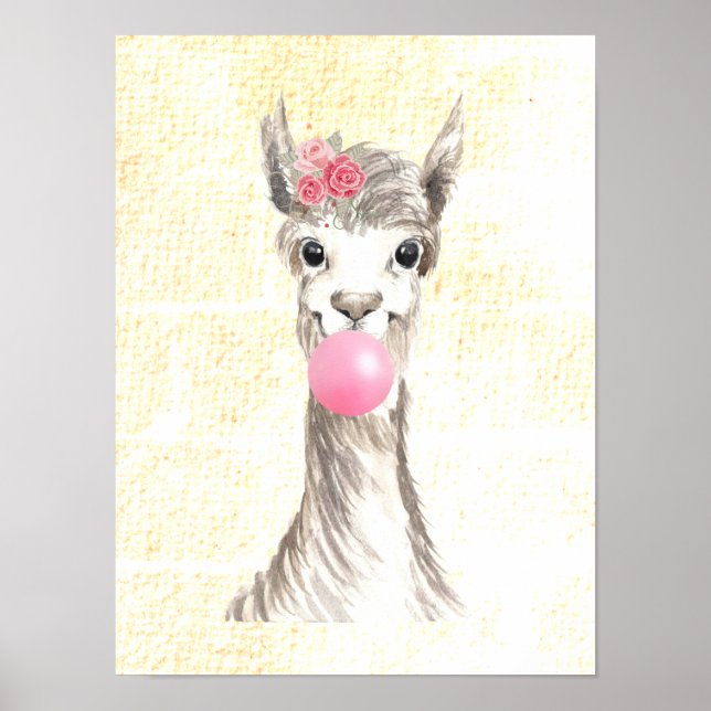 Watercolor Llama soprando bolha texturizada Poster (Frente)