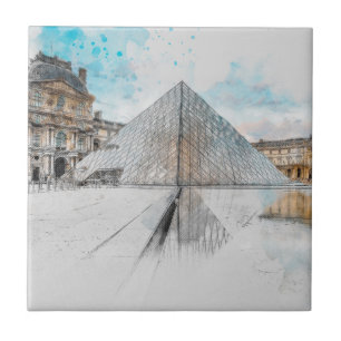 Watercolor Louvre Paris Cerâmica Azulejo Wall Deco