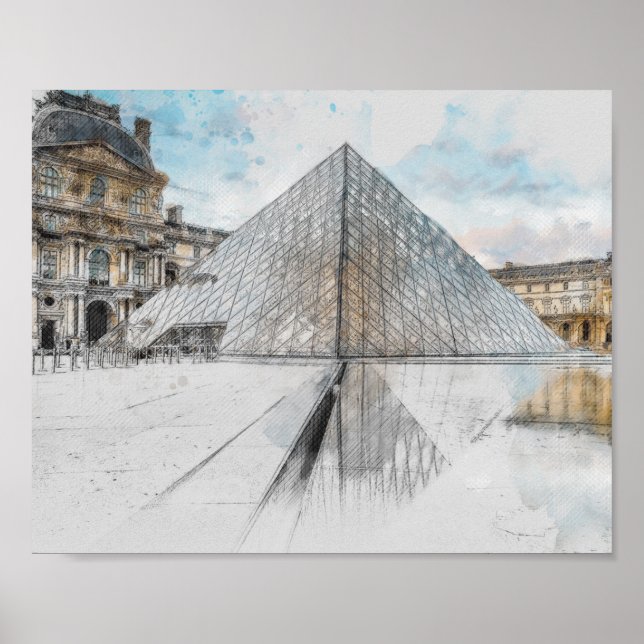 Watercolor Louvre Paris Poster | Artística (Frente)