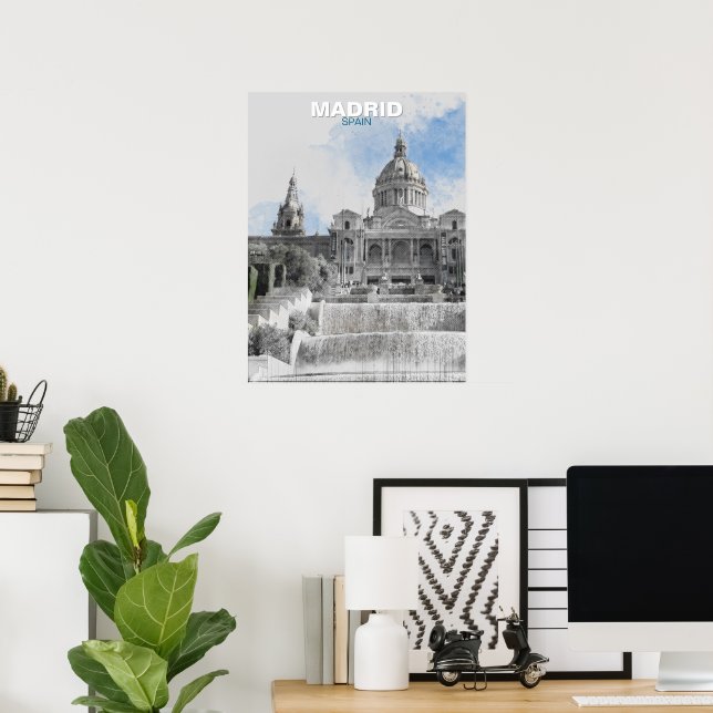 Watercolor Madrid Skyline Poster - Espanha Citysca (Escritório em casa)