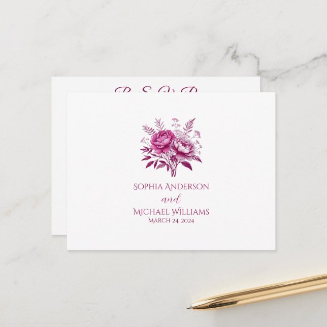 Watercolor Magenta Peony-RSVP-Casamento- Cartão Po (Frente/Verso In Situ)