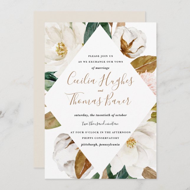 Watercolor Magnolia Convite Para Casamento (Frente/Verso)