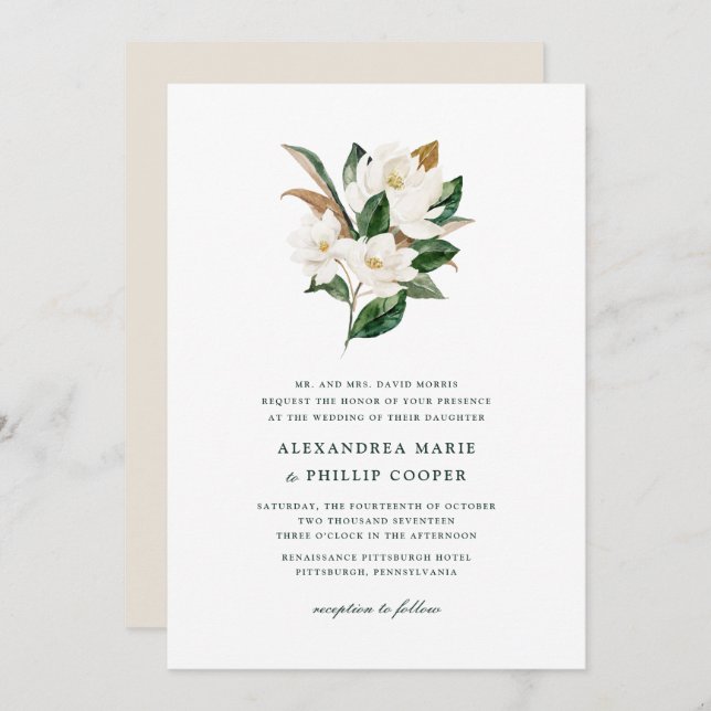 Watercolor Magnolia Convite Para Casamento (Frente/Verso)