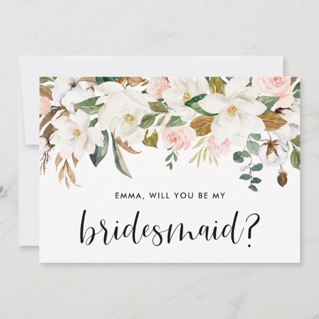 Watercolor Magnolia Cotton Garland Bridesmaid Card (Frente)