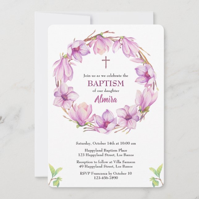 Watercolor Magnolia Wreath Baptism Convite (Frente)
