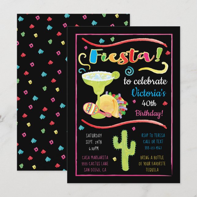 Watercolor Mexicano Fiesta Birthday Convite (Frente/Verso)