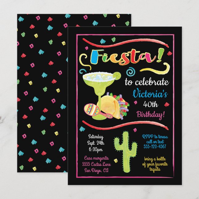 Watercolor Mexicano Fiesta Birthday Convite (Frente/Verso)