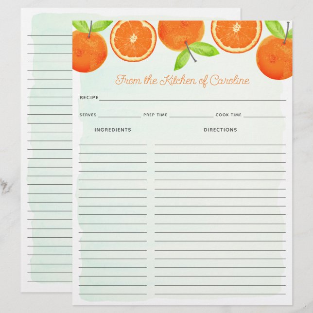 Watercolor Oranges Fruit Recipe Card Binder Insert (Frente/Verso)