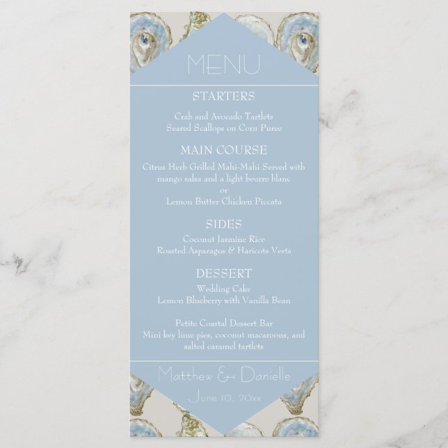Watercolor Oysters Wedding- Light Blue Flat Menu (Frente)