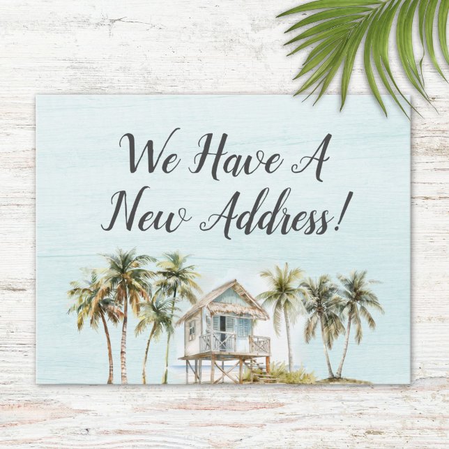 Watercolor Palm Tree Beach House New Address Card (Criador carregado)