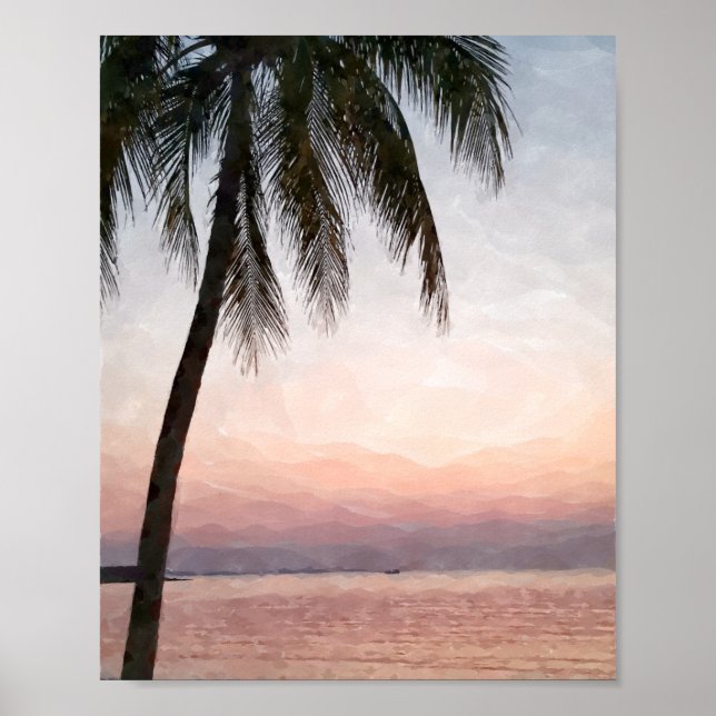 Watercolor Palm Tropical Beach Sunset Poster (Frente)