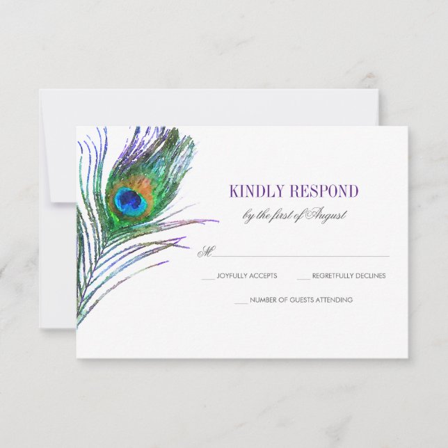 Watercolor Peacock Feather Weding RSVP (Frente)