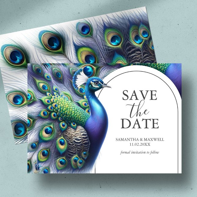 Watercolor Peacock Salvar A Data Convite (Save the date card with watercolor peacock and feathers in shades of royal blue, green and purple)
