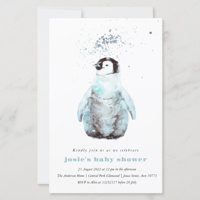 Watercolor Penguin Winter Baby Shower Invitation (Frente)