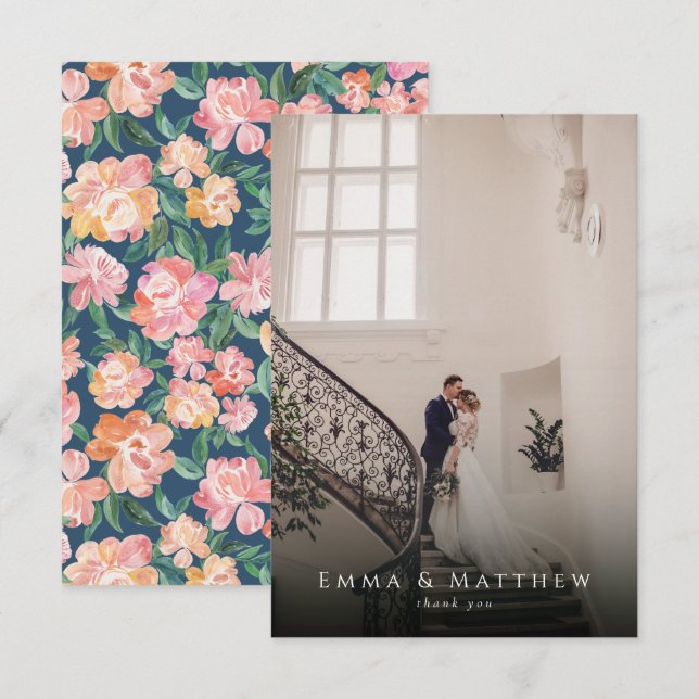 Watercolor Peony Floral Casamento Foto Obrigado (Frente/Verso)
