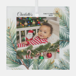 Watercolor Pine Photo Baby's First Christmas
