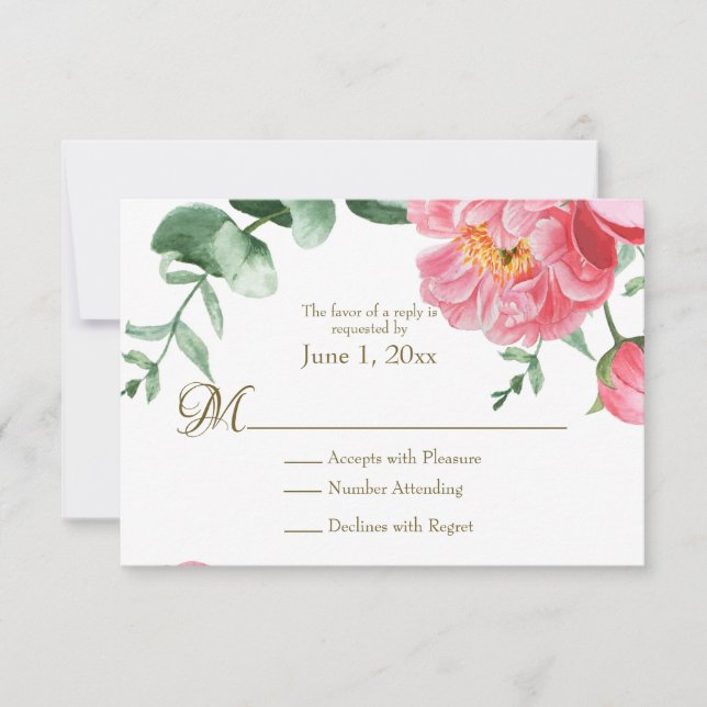 Watercolor Pink & White Peonies RSVP Floral (Frente)