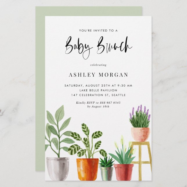 Watercolor Plantas Potentes Baby Brunch Convite (Frente/Verso)