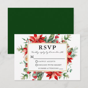 Watercolor Poinsettia Floral Green Wedding RSVP