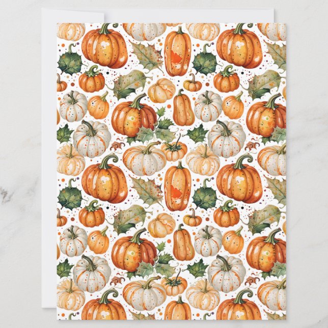 Watercolor Pumpkins and Leaves Scrapbook Paper (Frente)