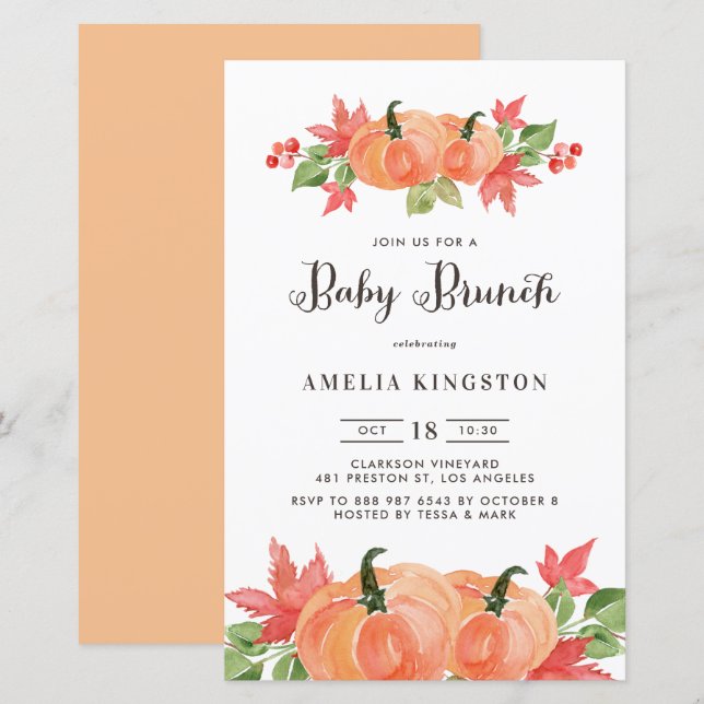 Watercolor Pumpkins Fall Baby Brunch (Frente/Verso)