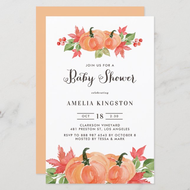 Watercolor Pumpkins Fall Baby Shower Invitatation (Frente/Verso)