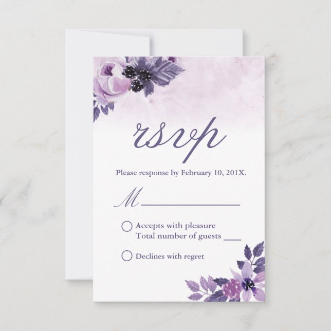 Watercolor Purple Floral Elegant Weding RSVP (Frente)