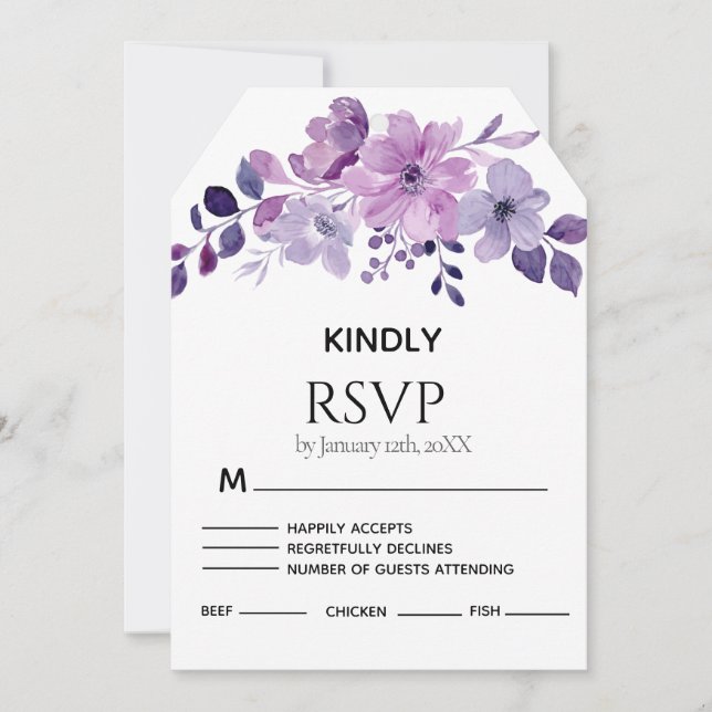 Watercolor purple flower bouquet RSVP card (Frente)