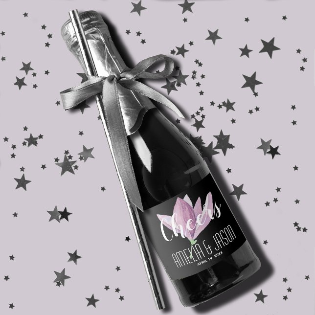 Watercolor Purple Magnolias Weding Mini (Watercolor greenery wedding mini champagne labels for favors or to serve to guests)