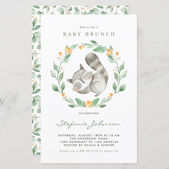 Watercolor Raccoon Greenery Baby Brunch Convite (Frente/Verso)