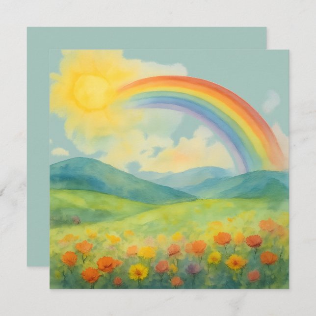 Watercolor Rainbow Landscape with Sun&Wildflowers (Frente/Verso)
