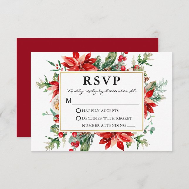 Watercolor Red Poinsettia Floral Wedding RSVP (Frente/Verso)